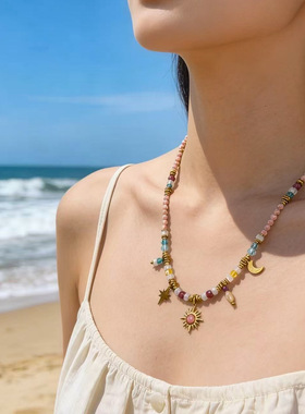 度假风暖棕天然石叠戴项链 小众不撞款温柔气质女生送礼物锁骨链