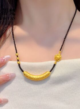 镀真金高保色沙金福字弯管莲花编绳项链新中式百福微笑弯管锁骨链