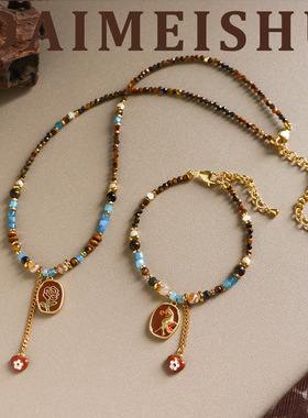 原创复古秋冬美拉德虎眼石彩色滴油花马项链轻奢高级感百搭锁骨链