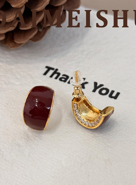 新款复古时尚百搭c型微镶锆石红色滴油耳环轻奢高级感925银针耳饰