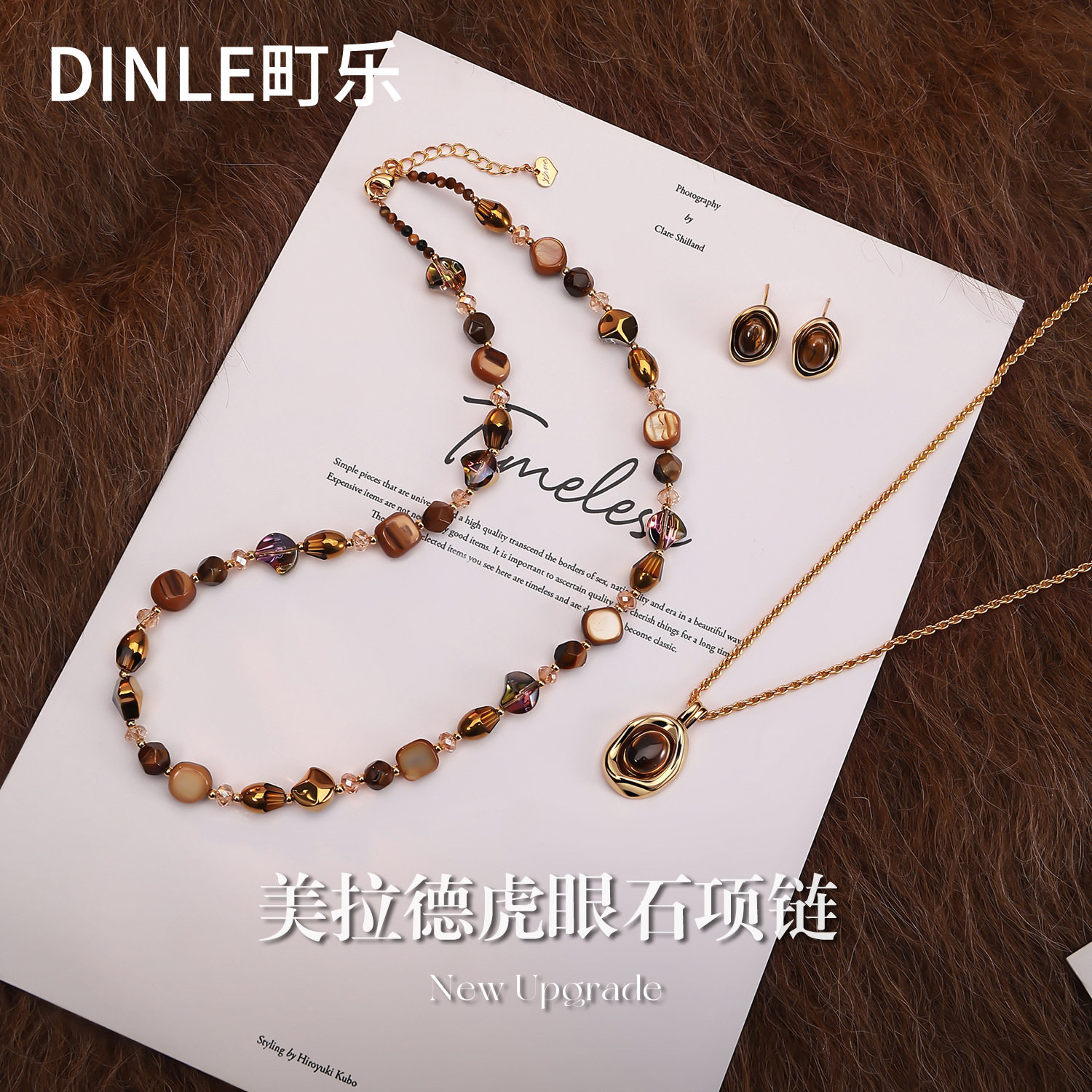 美拉德虎眼石项链女款2026新款秋冬耳钉套装轻奢高级感高档毛衣链
