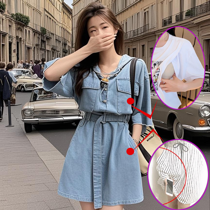 她秘夏假口袋胸连衣裙