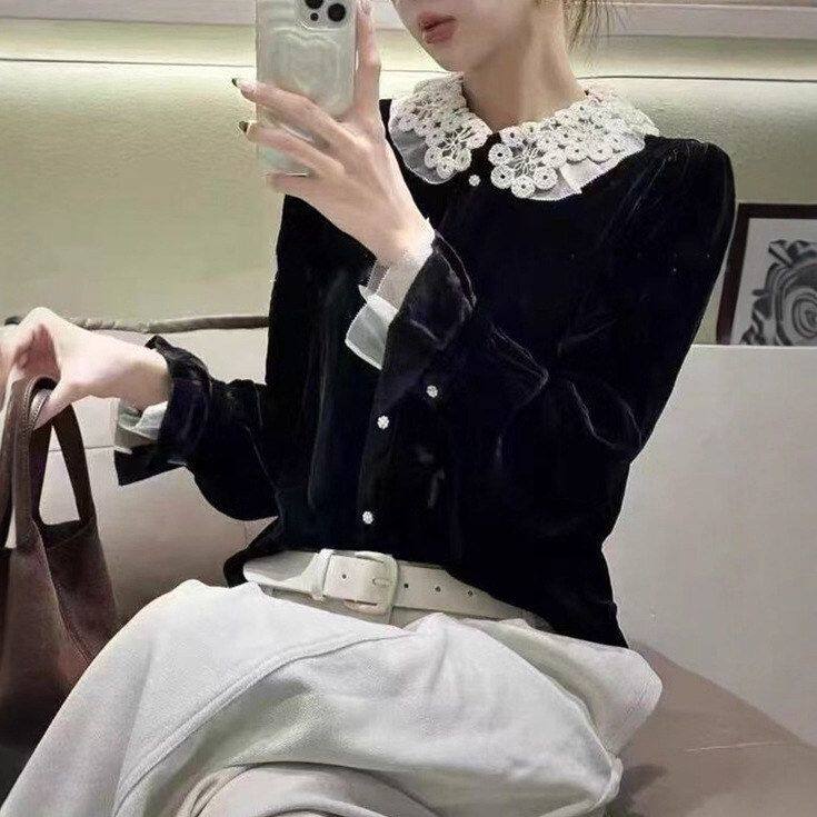 2026春新款法式娃娃领网纱手织花朵真丝丝绒衬衫10129201320