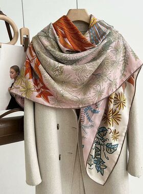 春季新品轻奢高级感配色丛林真丝羊毛大方巾百搭保暖丝毛围巾