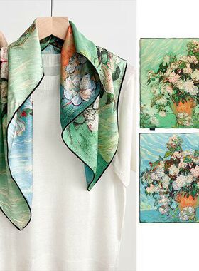 新款春天绿色油画高级感印花真丝丝巾100%silk女士大方巾双面14姆