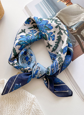 夏季蓝色腰果花丝棉方巾女53小丝巾百搭韩版薄款透气丝棉领巾