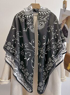 复古佩斯利花纹灰色披肩女秋冬保暖腰果花围巾外搭装饰