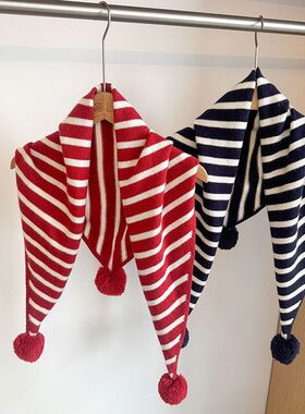 秋冬新款日系球球条纹三角围巾女士圣诞主题红色围脖保暖百搭披肩