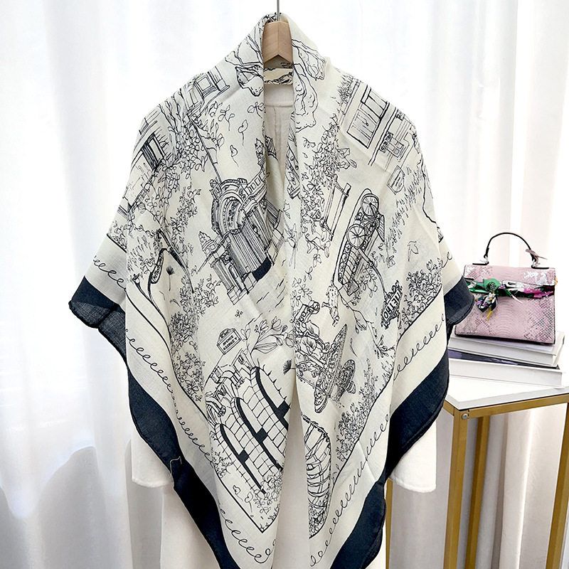 2025新款真丝羊毛双面同色印花丝毛大方巾手工卷边保暖围巾披肩