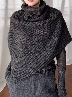 深灰色高领针织围巾女冬季高级感叠穿开叉套头脖套披肩斗篷围脖厚