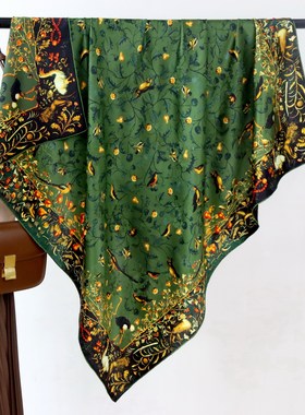 绿色翠鸟重磅23姆米双面异色花萝真丝围巾大方巾桑蚕丝围巾披肩