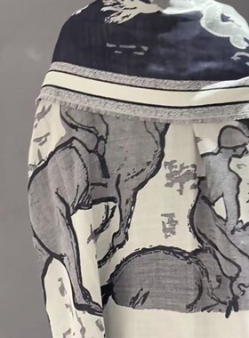 绵羊毛桑蚕丝混纺水墨风骏马提花流苏披肩秋冬围巾双面大方巾