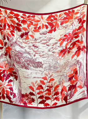 真丝丝巾女红色枫叶复古桑蚕丝气质印花百搭中方巾外搭围巾披肩