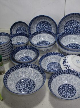 中式青花餐具5寸饭碗烫面碗斗笠碗乌冬面碗高足大开口防烫高温瓷