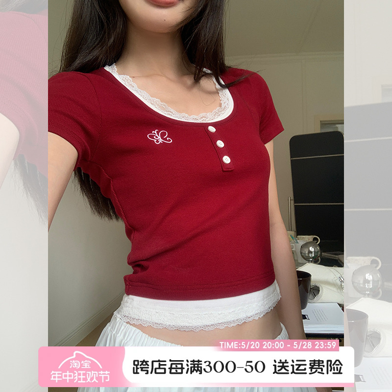 蕾丝假两件短袖t恤女韩系蝴蝶