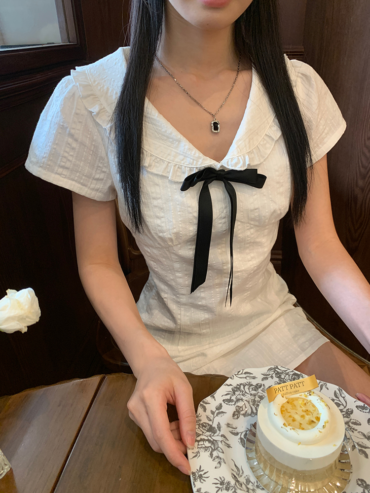White College Style Doll Collar Dress Women's Summer French Style Waist Small A-Line Skirt