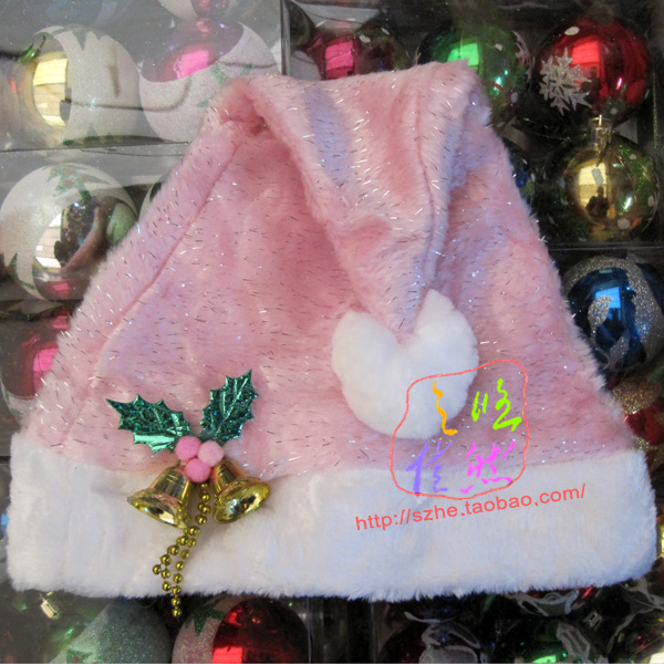 大人款粉色银丝圣诞帽圣诞节帽子女款装扮品宽边带铃铛女士款帽