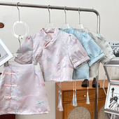 新中式 高腰显瘦半身裙短裙包臀裙两件套女 上衣 盘扣泡泡袖 衬衫