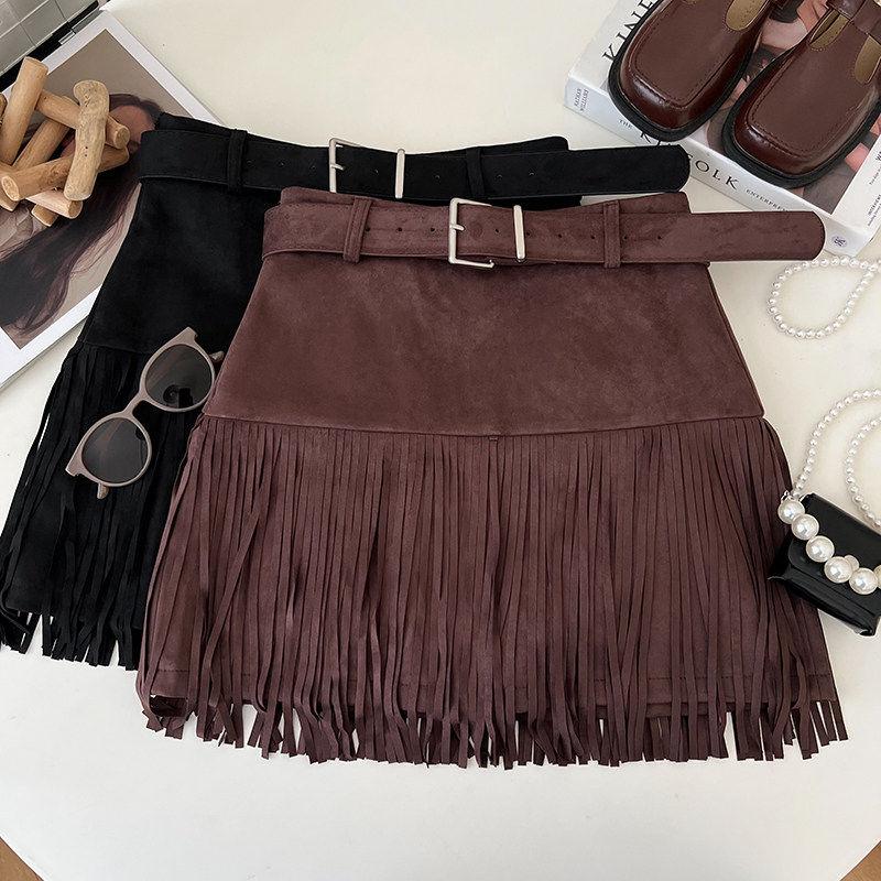 复古辣妹个性仿鹿皮绒高腰显瘦流苏边半身裙防走光短裙包臀裙女