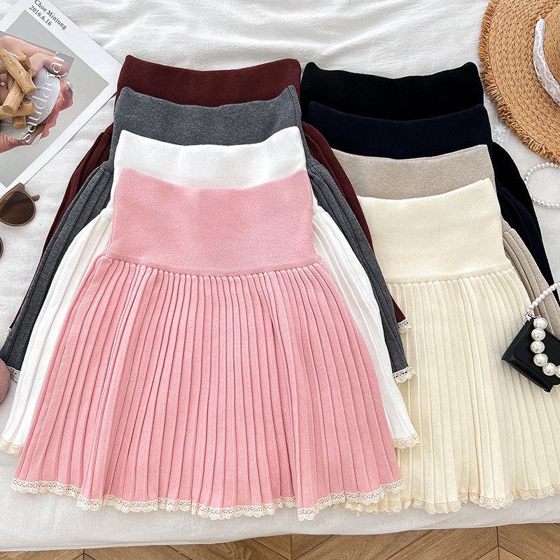 甜美时尚百搭蕾丝边拼接高腰显瘦针织半身裙百褶裙短裙a字裙女,女装/女士精品,半身裙,淘宝优惠券,粉丝福利购,淘宝优惠卷