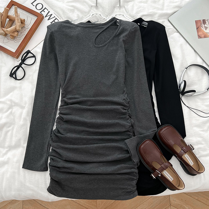 设计感时尚镂空褶皱褶皱修身显瘦长袖连衣裙短裙包臀裙女秋冬新款,女装/女士精品,连衣裙,淘宝优惠券,粉丝福利购,淘宝优惠卷