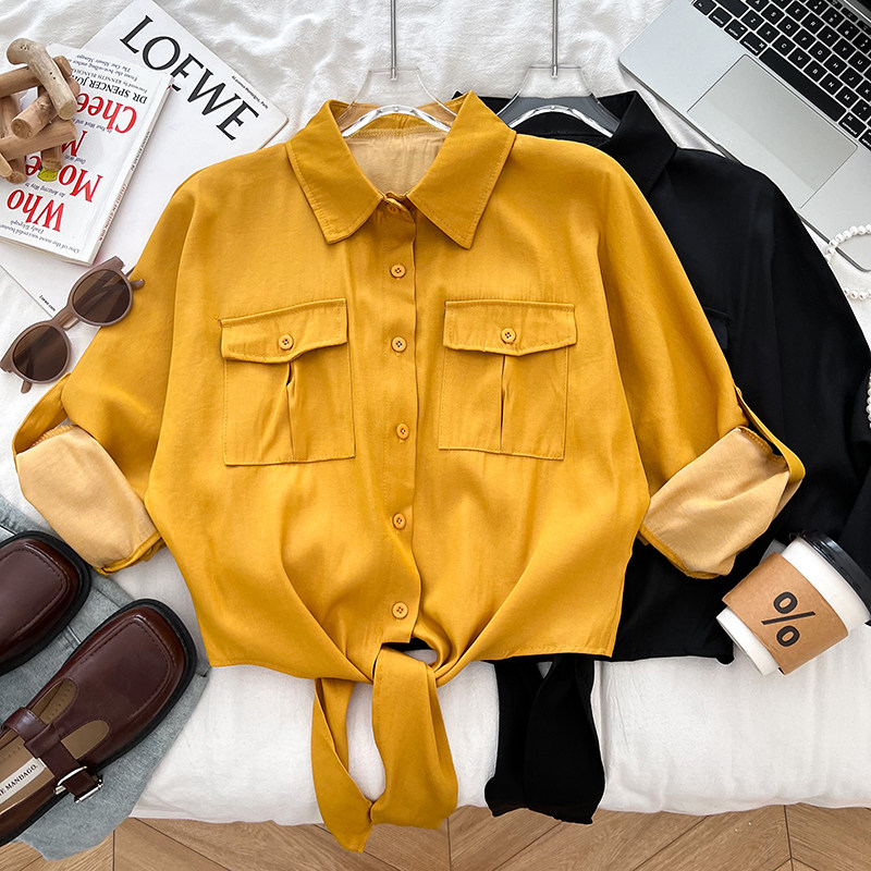 设计感休闲时尚百搭polo领单排扣系带短款衬衫上衣女夏季新款,女装/女士精品,衬衫,淘宝优惠券,粉丝福利购,淘宝优惠卷