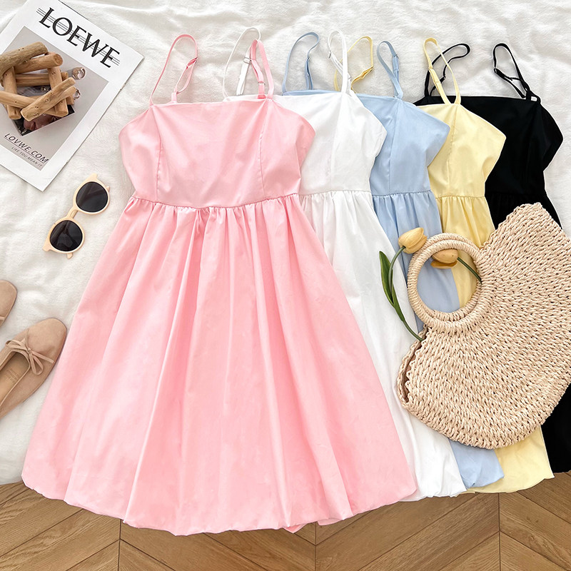 后背系带蝴蝶结吊带连衣裙