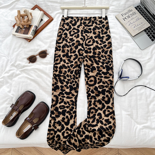 European and American-style sexy fashion versatile leopard-print high-waisted slimming slightly flared wide-leg casual pants women's trousers