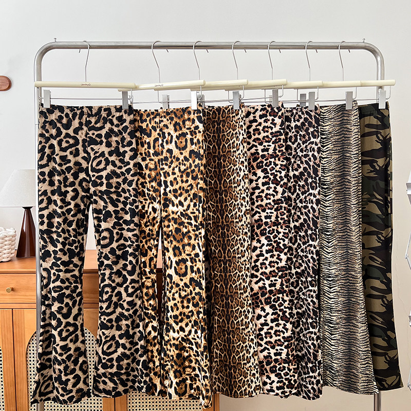 European and American-style sexy fashion versatile leopard-print high-waisted slimming slightly flared wide-leg casual pants women's trousers