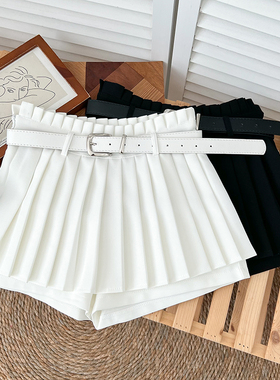 设计感时尚百搭木耳边高腰显瘦a字百褶裤裙休闲裤热裤女配皮带