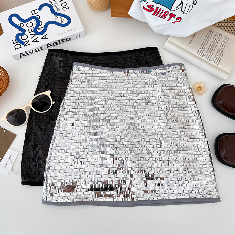 闪闪亮片高腰显瘦半身裙