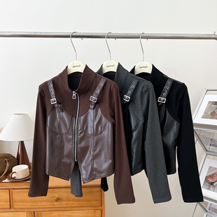t恤上衣女秋冬新款 设计感小众立领拼接PU皮拉链不规则短款 长袖