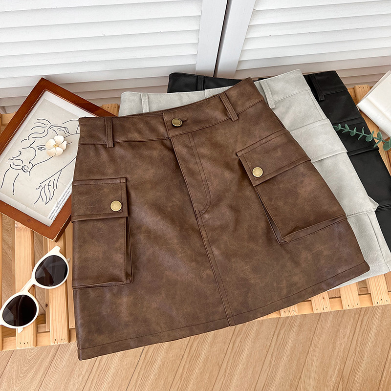 韩版复古百搭PU皮高腰显瘦双口袋工装半身裙防走光短裙a字裙女,女装/女士精品,半身裙,淘宝优惠券,粉丝福利购,淘宝优惠卷