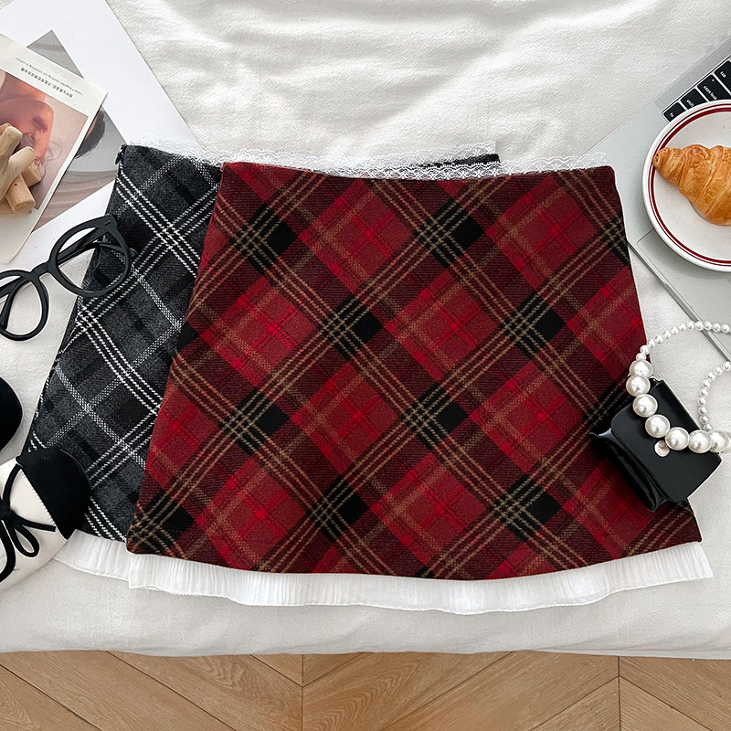 辣妹时尚百搭蕾丝边拼接高腰显瘦格子半身裙防走光短裙包臀裙女,女装/女士精品,半身裙,淘宝优惠券,粉丝福利购,淘宝优惠卷