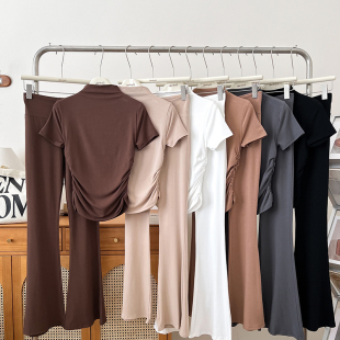 长裤 设计感半高领褶皱短袖 休闲裤 高腰显瘦微喇叭裤 两件套 t恤上衣