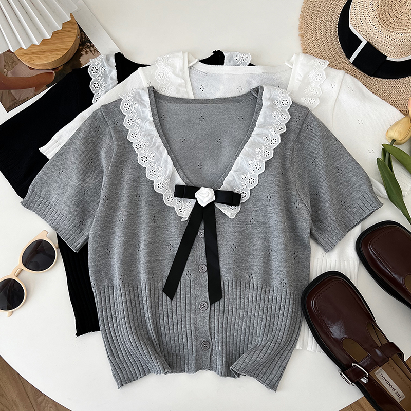 小香风蕾丝边蝴蝶结针织衫