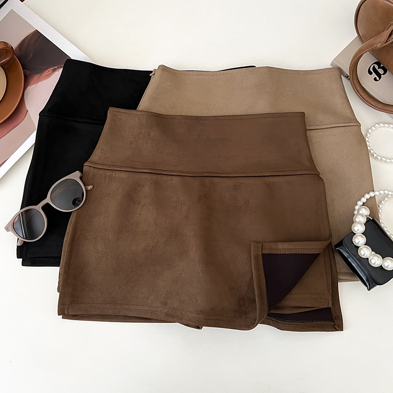 秋冬新款设计感时尚鹿皮绒开叉高腰显瘦半身裙防走光短裙包臀裙女