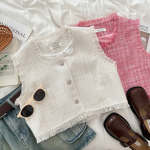 小香风气质百搭毛须边方领粗花呢单排扣无袖 背心马甲外套上衣女