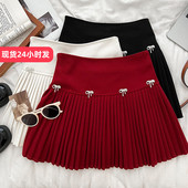 甜美百搭立体蝴蝶结扣高腰显瘦毛呢半身裙百褶裙短裙a字裙女秋冬