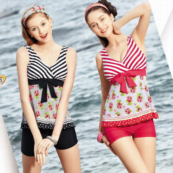 品牌正品华黛思温泉游泳衣女波点条纹分体平角93211黑白93212红彩