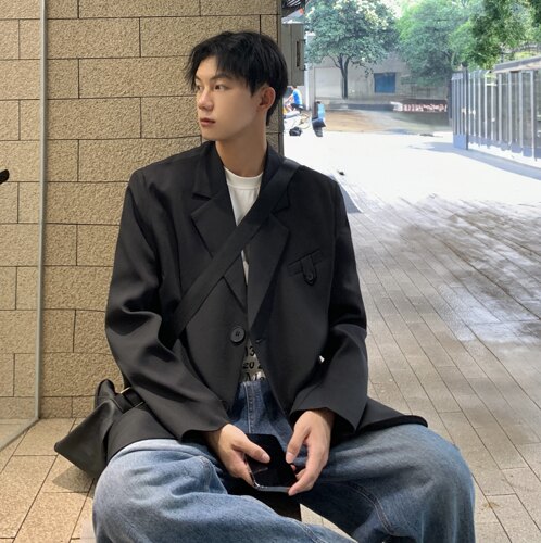 外套男装高级感休闲西装男潮牌痞帅英伦雅痞风格垫肩西服F171-P95