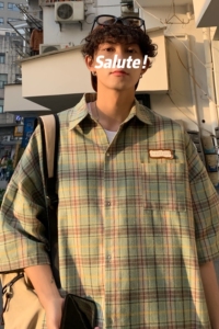 格子短袖衬衫男夏季条纹潮流宽松衬衣帅气休闲港风百搭CS60-P45图片