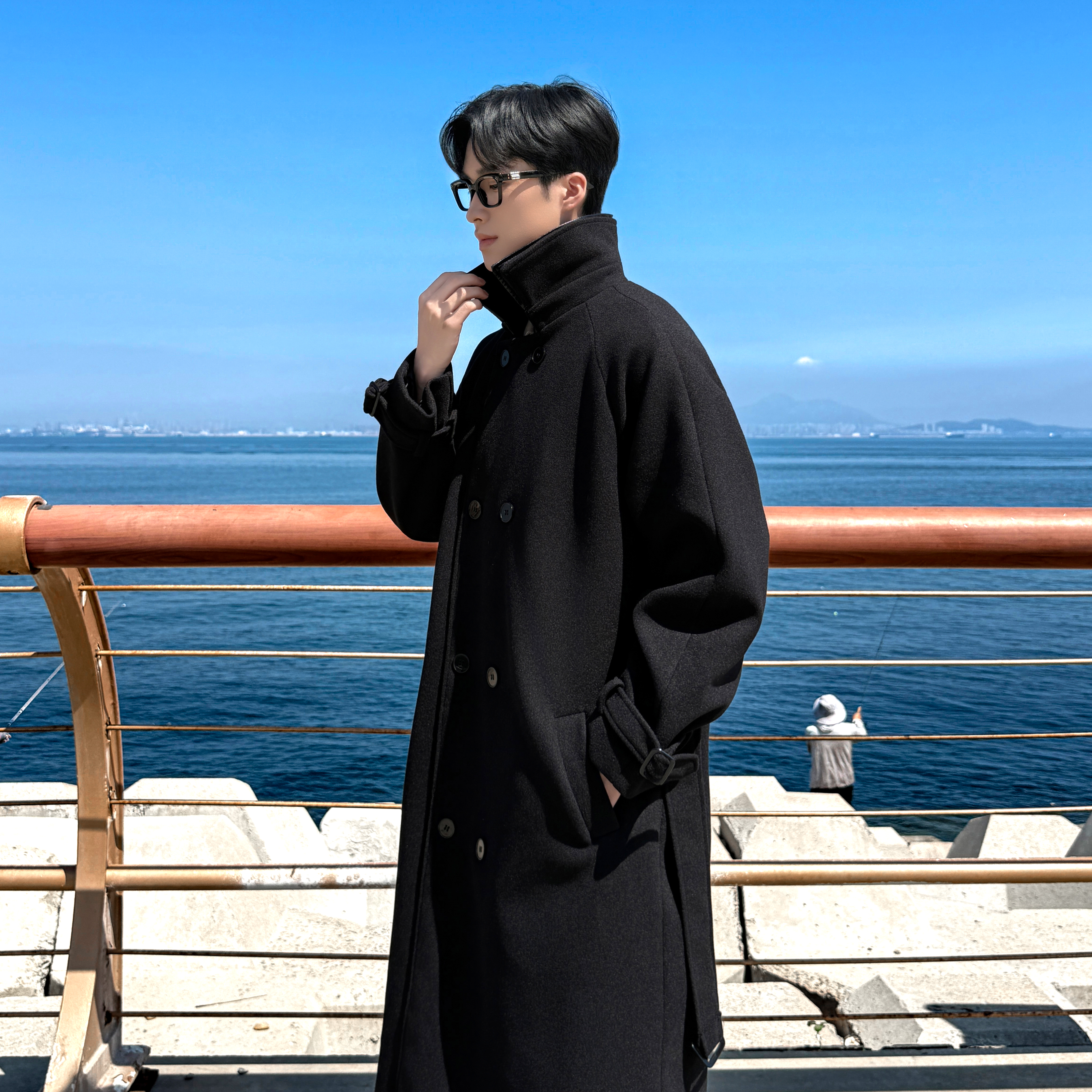 秋冬新款男士中长款风衣领子拼接过膝风衣韩版毛呢大衣F396-P138，男装风衣，电商A152