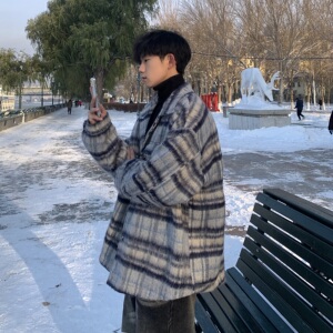 毛呢格子大衣男冬季加厚复古潮牌韩系小众呢子夹克外套F320-P118图片