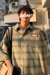 格子衬衫男短袖夏季ins港风痞帅小众日系情侣衬衣大码CS60-P45图片