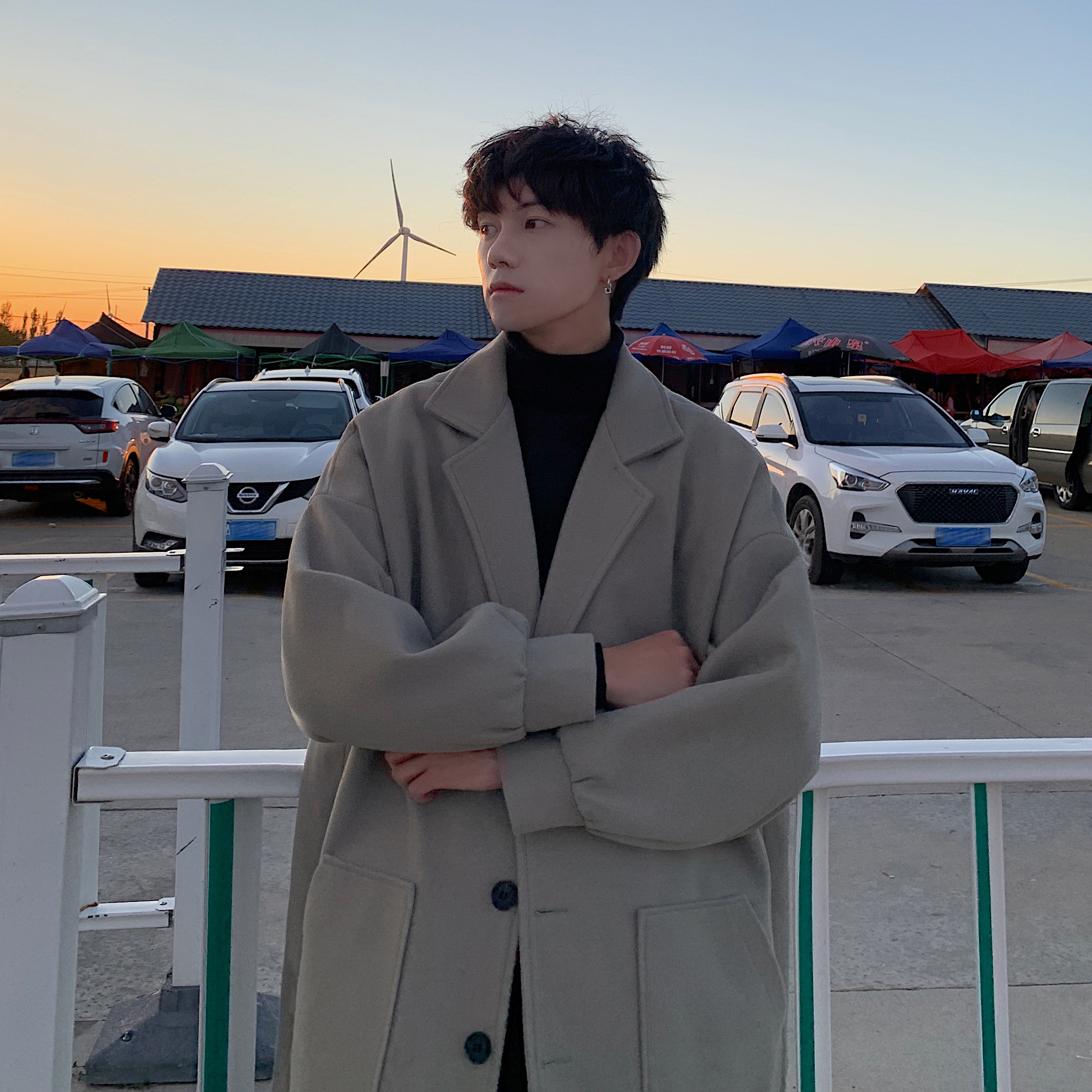 毛呢大衣男秋冬季港风外套男士宽松加厚中长款呢子风衣F266-P108，男装风衣，电商A152