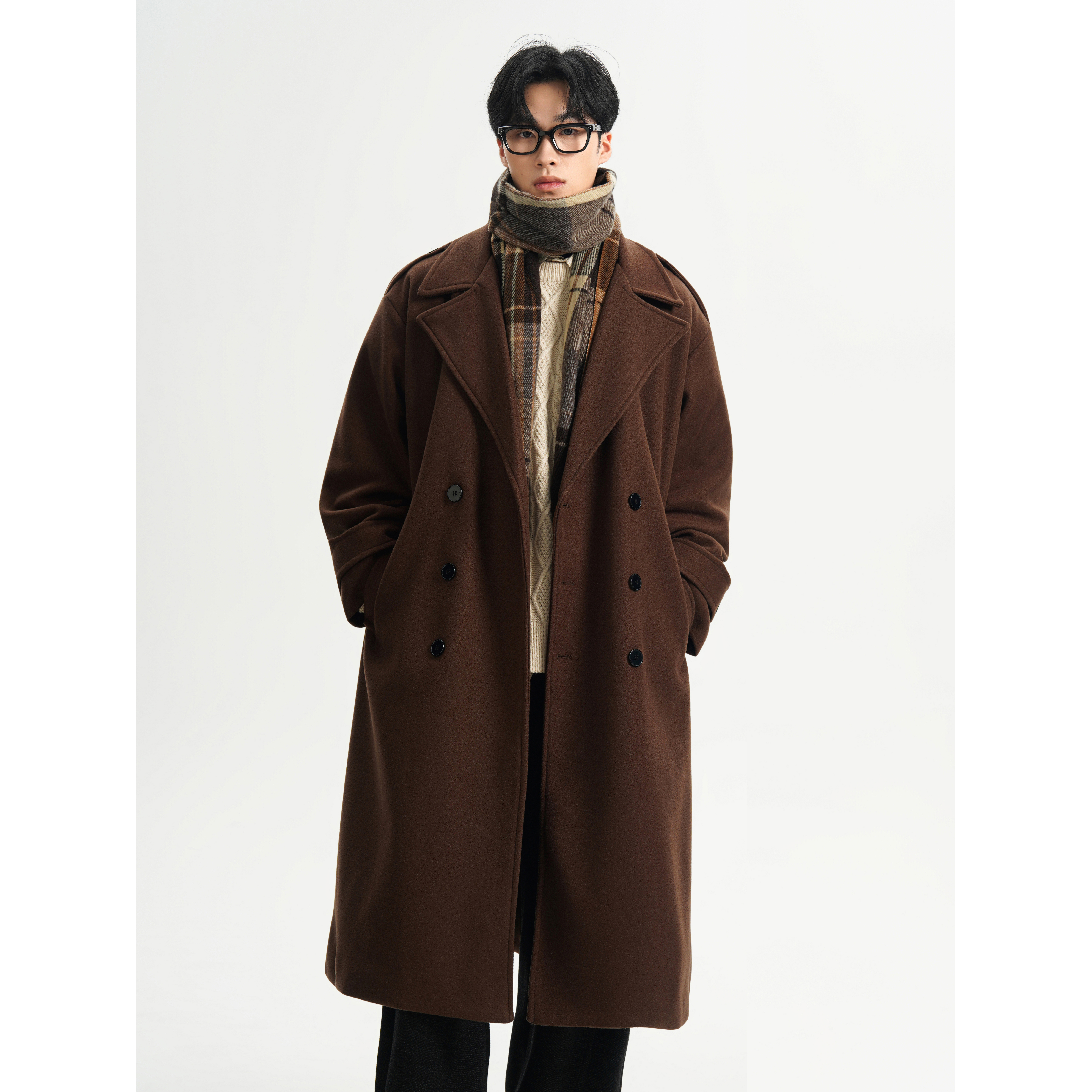 抖音秋冬中长款男生过膝毛呢大衣男肩章加厚外套F399-P138，男装毛呢大衣，电商A152