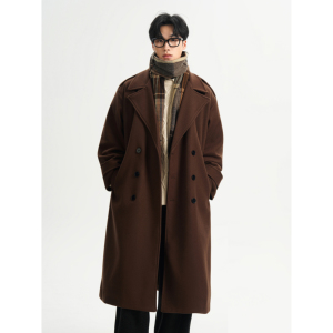 抖音 秋冬中长款男生过膝毛呢大衣男肩章加厚外套F399-P138，男装毛呢大衣，电商A152