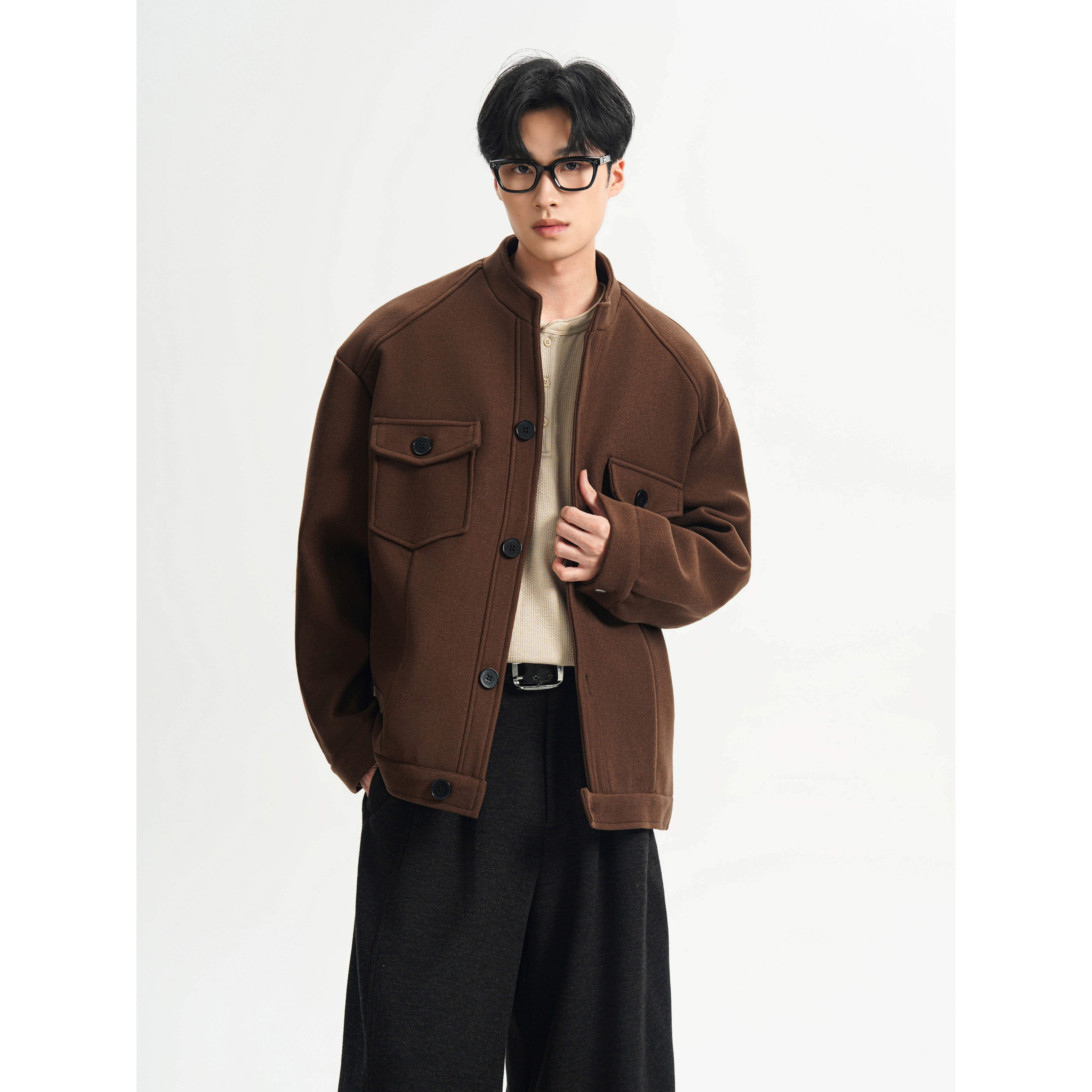 秋冬季痞帅立领毛呢夹克男宽松高级感大衣呢子外套男潮F398-P108，男装夹克，电商A152