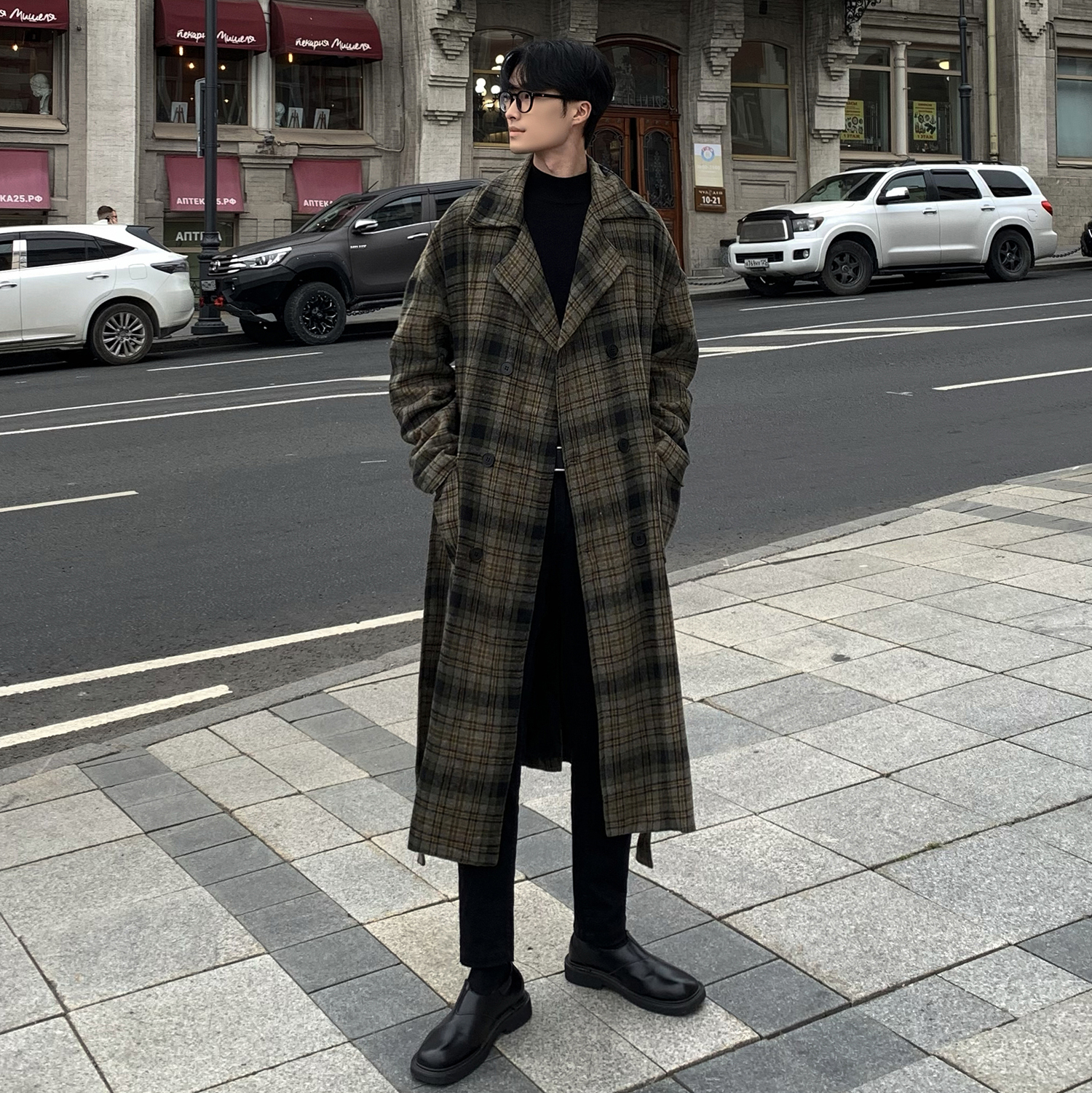 24秋冬新款中长款系带格子毛呢大衣加厚韩版风衣外套F363-P148，男装风衣，电商A152